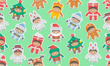 Çocuk Noel kostümleri, düz stil ile Seamless modeli. yeşil arka plan üzerinde izole
