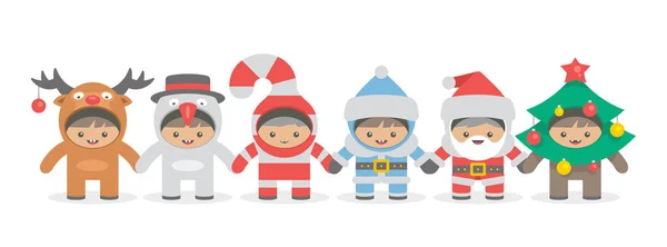 Kids Holding Hand Christmas Costumes Flat Style Isolated White Background — Stock Vector