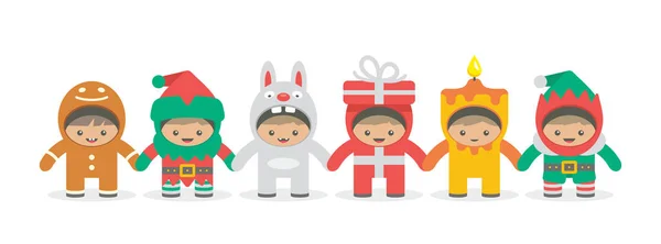 Enfants Tenant Main Dans Les Costumes Noël Style Plat Isolé — Image vectorielle