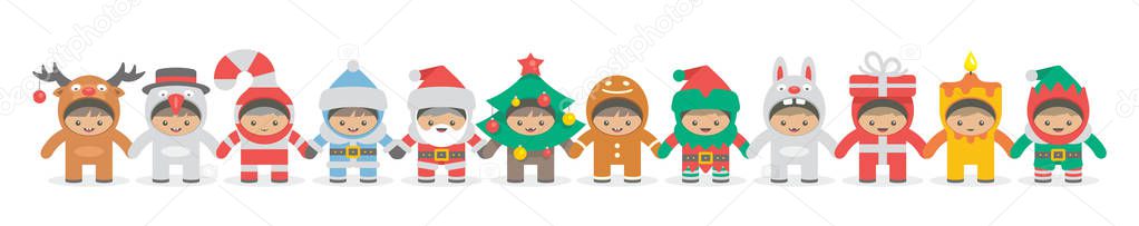 Kids holding hand in Christmas costumes, flat style. isolated on white background