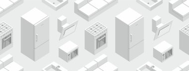 İzometrik Mutfak mobilya, düz stil ile Seamless modeli. gri arka plan üzerinde izole