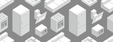 İzometrik Mutfak mobilya, düz stil ile Seamless modeli. siyah arka plan üzerine izole