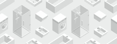 İzometrik banyo mobilyaları, düz stil ile Seamless modeli. gri arka plan üzerinde izole