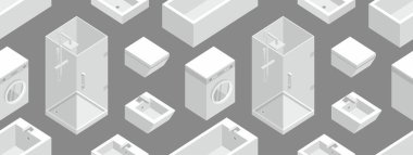 İzometrik banyo mobilyaları, düz stil ile Seamless modeli. siyah arka plan üzerine izole