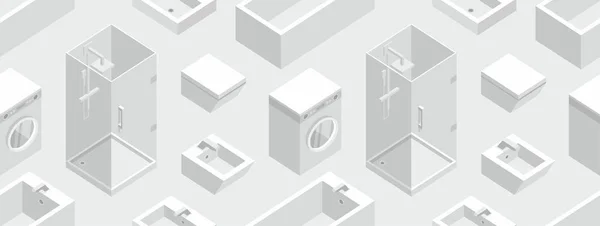 等尺性の浴室の家具 フラット スタイルとのシームレスなパターン 灰色の背景に分離 — ストックベクタ