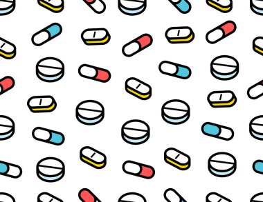 Çizgi stili Dikişsiz desen hapları tablet. Beyaz arka plan üzerinde izole