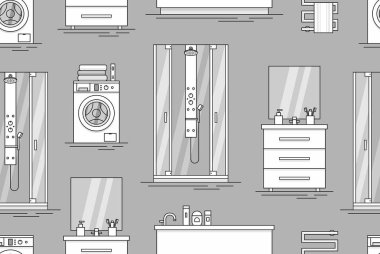 Banyo iç için seamless modeli öğeleri ile. tek renkli stil. gri arka plan üzerinde izole 