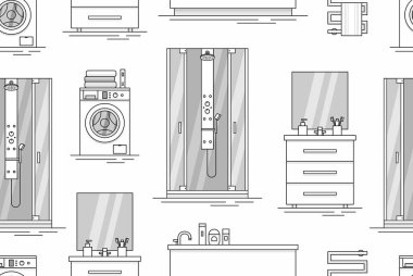 Banyo iç için seamless modeli öğeleri ile. tek renkli stil. Beyaz arka plan üzerinde izole 