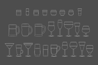 Alkollü içecekler gözlük dizi. çizgi stili. siyah arka plan üzerine izole