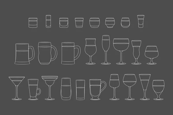 Set Alcoholic Drinks Glasses Line Style Isolated Black Background — Stock Vector