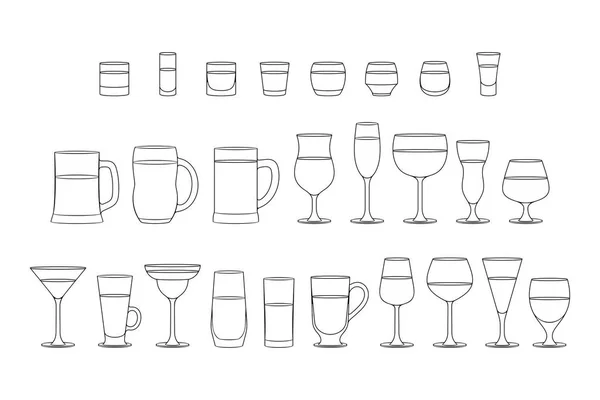 Set Alcoholic Drinks Glasses Line Style Isolated White Background — Stock Vector