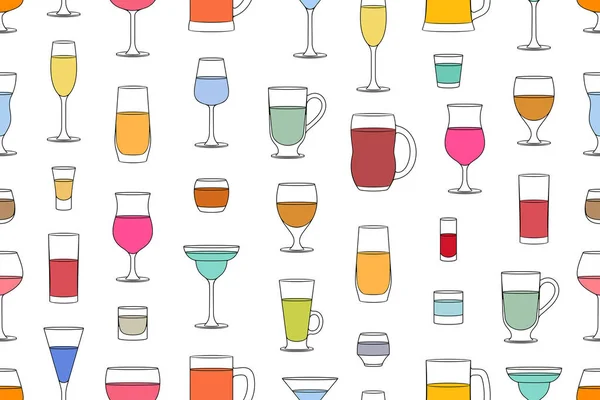 Seamless Pattern Alcoholic Drinks Glasses Line Style Isolated White Background — Stock Vector
