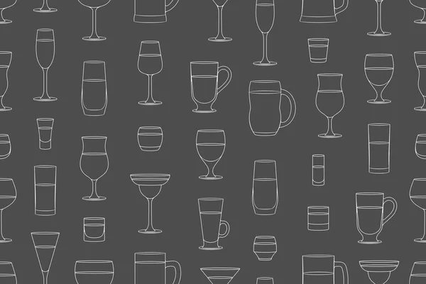 Seamless Pattern Alcoholic Drinks Glasses Line Style Isolated Black Background — Stock Vector