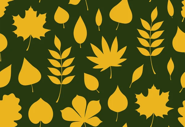 Seamless Pattern Yellow Autumn Leaves Flat Style Isolated Green Background — Stock Vector