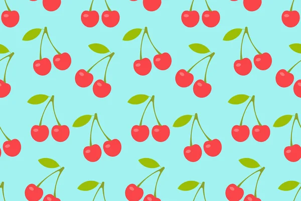 Seamless Pattern Red Cherry Two Cherries Flat Style Isolated Blue — Stock Vector