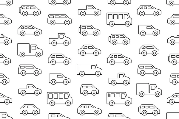 Seamless Pattern Cars Trucks Line Isolated White Background — Stock Vector