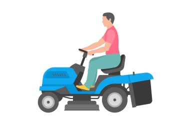 Mavi çim biçme makinesi olan adam. düz stil. Beyaz arka plan üzerinde izole