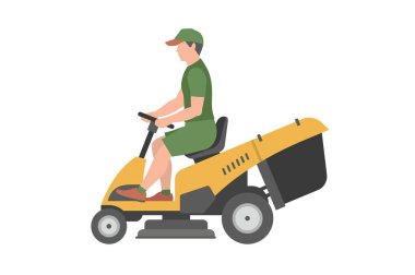 Sarı çim biçme makinesi olan adam. düz stil. Beyaz arka plan üzerinde izole