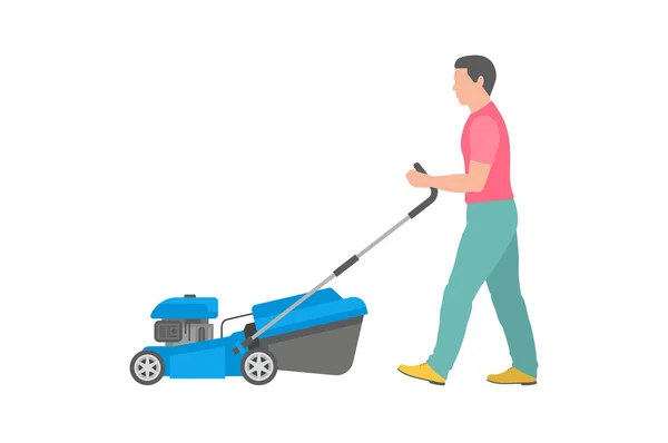 Man Blue Lawnmower Flat Style Isolated White Background — Stock Vector