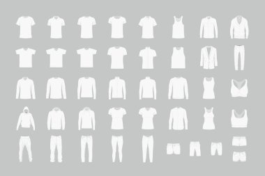 Set, beyaz erkek ve kadın giyim. düz stil. gri arka plan üzerinde izole