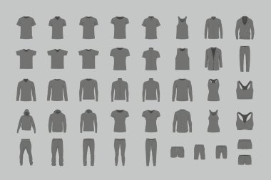 Set, siyah erkek ve kadın giyim. düz stil. gri arka plan üzerinde izole