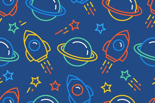 ロケット 惑星や星とのシームレスなパターン フラット スタイル 青の背景に分離 — ストックベクタ