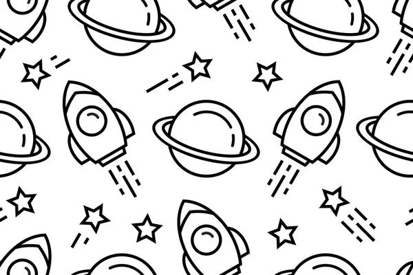 Бесшовный Рисунок Космосом Ракетами Планетами Звездами Стиль Линии Изолированные Белом — стоковый вектор