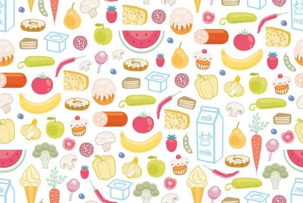 无缝模式与不同的食物 在白色背景上被隔离 — 图库矢量图片