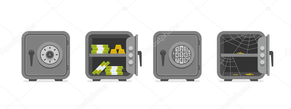 Set of security metal safes. flat style. isolated on white background