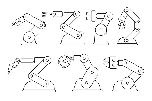 Set Robotic Arms Line Style Isolated White Background — Stock Vector