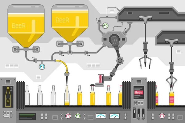 Beer Bottles Conveyor Belt Automatic Production Conveyor Robotic Industry Concept — Stock Vector