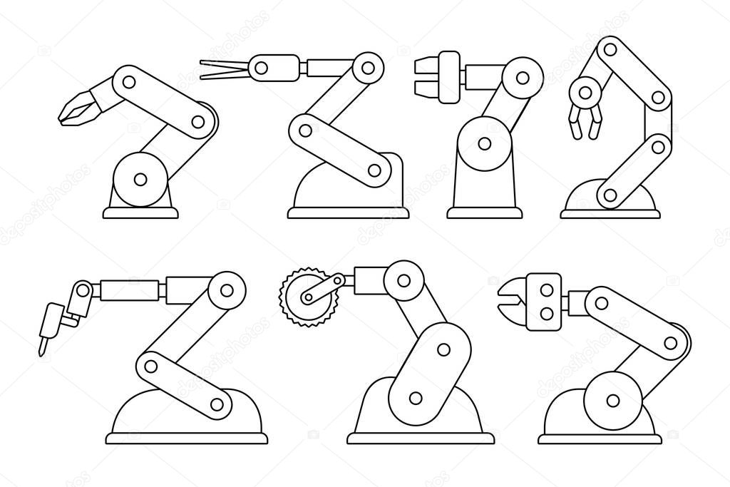 Set of robotic arms. line style. isolated on white background