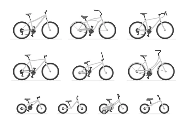 Uppsättning Olika Cyklar Isolerad Vit Bakgrund — Stock vektor