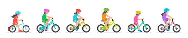 Set Girls Naik Sepeda Terisolasi Latar Belakang Putih - Stok Vektor
