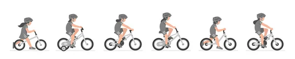 Set Van Meisjes Paardrijden Fiets Geïsoleerd Witte Achtergrond — Stockvector