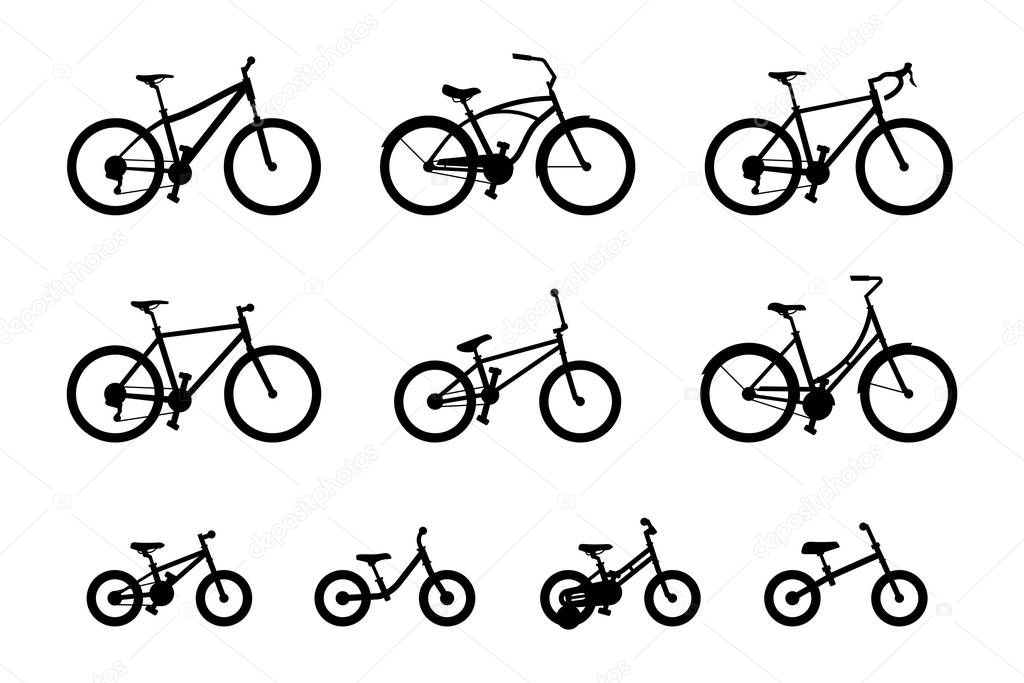 Set of different bicycles. isolated on white background
