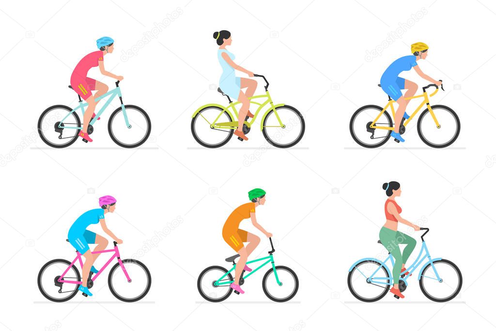 Set of Womans riding bicycles. isolated on white background
