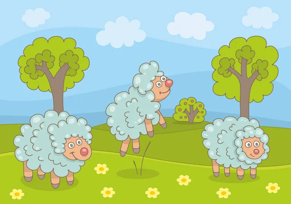 Sheep Grazing Farmland Divertida Ilustración Dibujos Animados Vectores — Archivo Imágenes Vectoriales