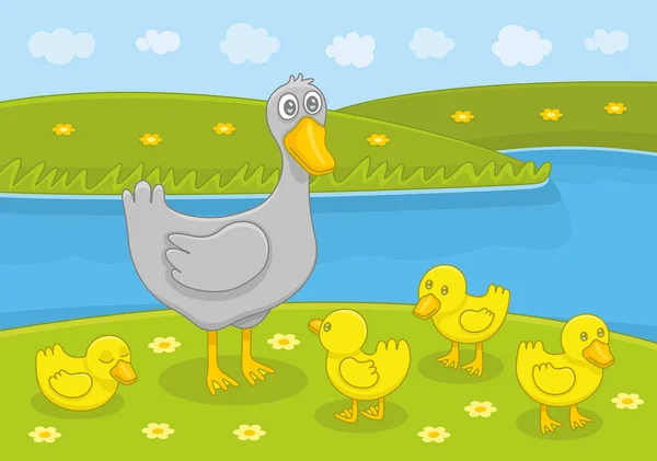 Madre Pato Patitos Divertida Ilustración Dibujos Animados Vectores — Vector de stock