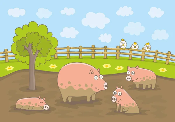 Γουρούνια Που Παίζουν Στη Βρώμικη Λακκούβα Αστεία Κινούμενα Σχέδια Και — Διανυσματικό Αρχείο