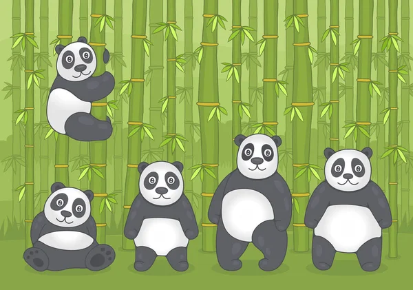 Pandas Selva Bambu Desenhos Animados Engraçados Ilustração Vetorial —  Vetores de Stock