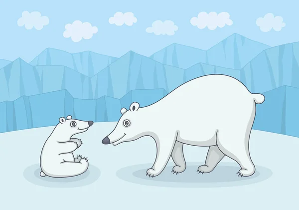 White Polar Bear Cub Front Polar Landscape Funny Cartoon Vector — 스톡 벡터