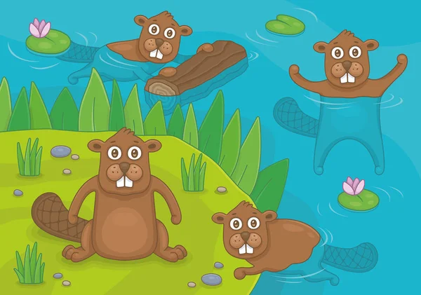 Beavers Living Pond Funny Cartoon Vector Illustration — Stock Vector