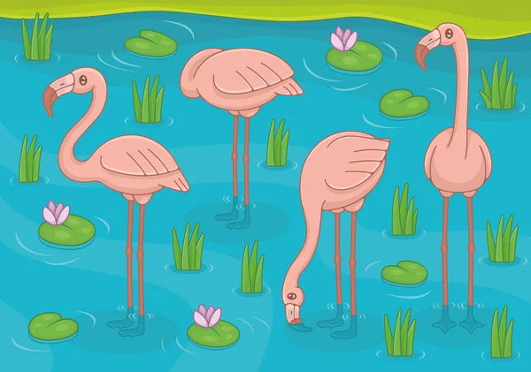 Group Pink Flamingos Standing Lake Funny Cartoon Vector Illustration — Stock Vector