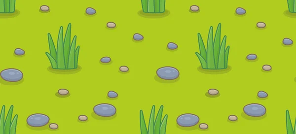 緑の草や石とシームレスなパターン 緑色の背景に隔離 — ストックベクタ