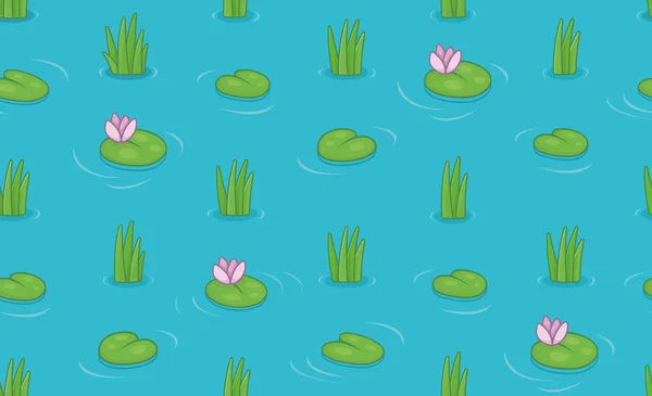 Seamless Pattern Water Lilies Green Leaves Isolated Blue Background — Stock Vector