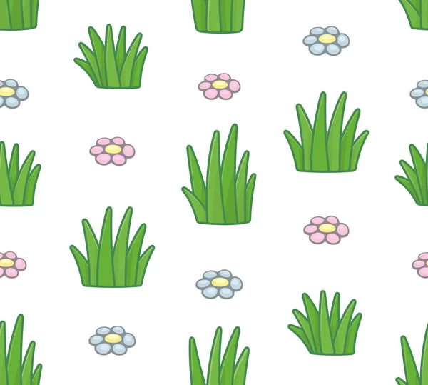 Seamless Pattern Grass Flowers Isolated White Background — Stock Vector