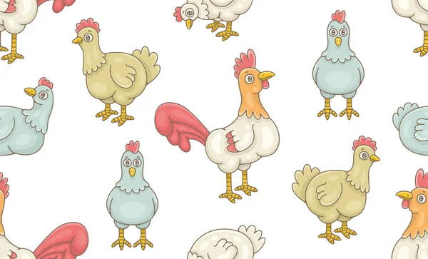 Seamless Pattern Cocks Hens Isolated White Background — Stock Vector