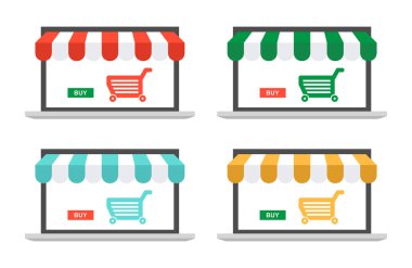 Online Mağaza, tente ve alışveriş sepeti simgesi ile dizüstü bilgisayar. beyaz arka plan üzerinde izole