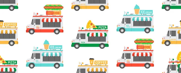 Seamless Pattern Street Food Trucks Isolated White Background — Stock Vector